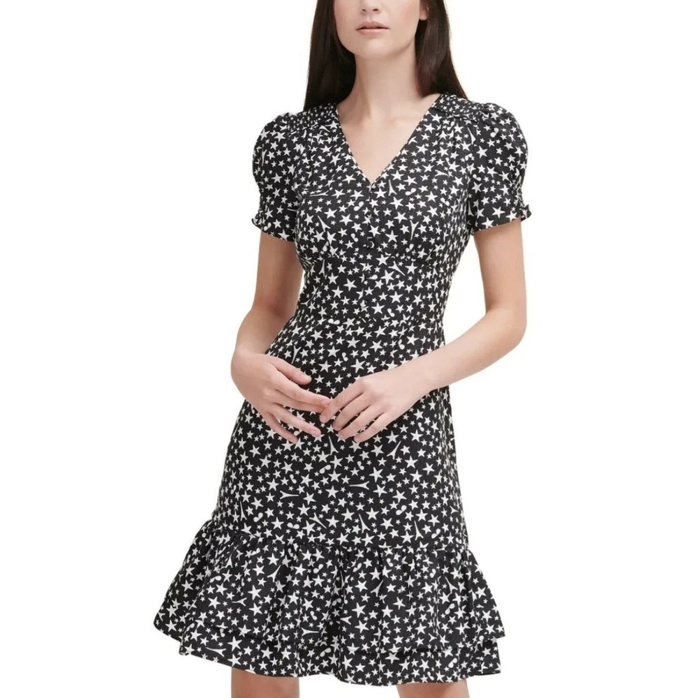 Karl Lagerfeld Star Print Ruffle Dress Womens 6‎ Short Sleeve V-Neck Black White